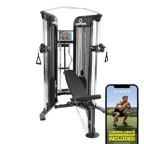 FT1 Functional Trainer with Bench - Compact at Home Workout Machine with Accessories - Two 165 lb Weight Stacks - Smooth Glide Cable Machine with Weight Bench - style: Inspire FT1 (fully loaded)