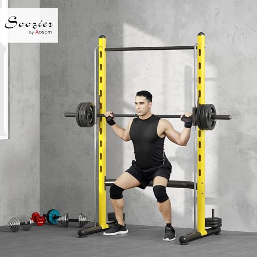 Soozier Squat Rack with Pull-Up Bar, Adjustable Power Rack with Barbell Bar, Multi-Functional Steel Bench Press Rack for Home Gym Strength Training, Black - color: Yellow