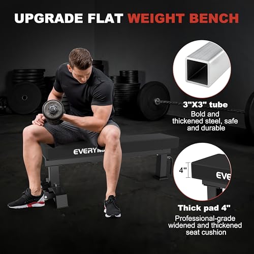 Flat Bench, 4" Thick HeftyGrip Vinyl Pad, Rated 1,200 LB, Flat Benches for Home Gym & Strength Training, Professional Grade Flat Weight Bench Made of Heavy Duty 3"*3" Tube (Black)