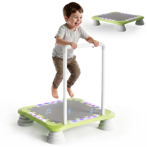 3-in-1 Mini Trampoline for Kids with Music & Lights, Indoor Outdoor Bounce Board, Removable Safety Handle, Sensory Balance Trainer, Non-Slip Base, Ages 3-12, Max 220 lbs - color: Green
