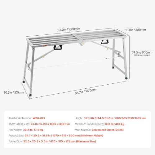VEVOR Work Platform, 63"x 15" Portable Scaffolding Platform, Folding Steel Step Ladder Adjustable Height 31.5”-50.1”, 800 lbs Load Capacity, Non-Slip Drywall Painting Stool for Cleaning &Washing - size: 63"x 15"