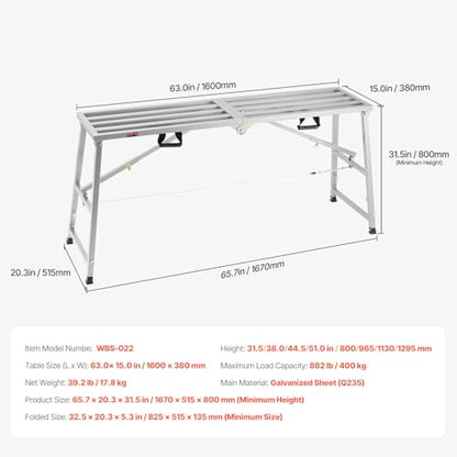 VEVOR Work Platform, 63"x 15" Portable Scaffolding Platform, Folding Steel Step Ladder Adjustable Height 31.5”-50.1”, 800 lbs Load Capacity, Non-Slip Drywall Painting Stool for Cleaning &Washing - size: 63"x 15"