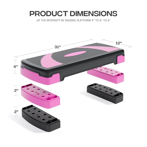 31" Aerobic Exercise Step Platform, Step Up Exercise Platform with 4" 6" 8" Adjustable Risers, Stair Stepper Workout Stepper for Home Gym Strength Training Fitness Equipment