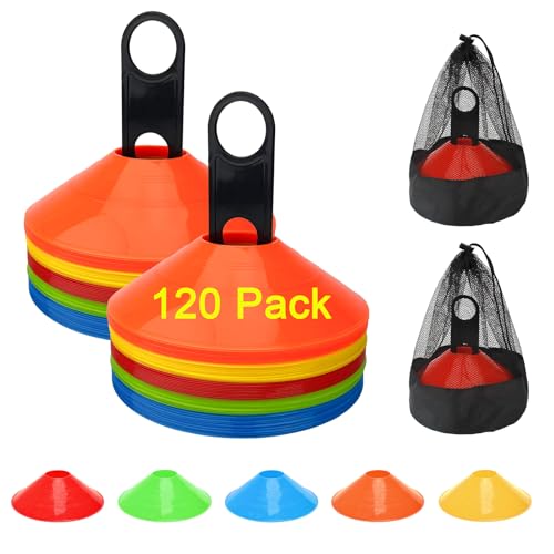 60/120 Pack Soccer Training Cones, Football Sport Cones Training Field Marker Agility Cones with Carry Bag and Holder for Drills, Basketball, Coaching, Practice Equipment, 5 Color - color: 120 Pack
