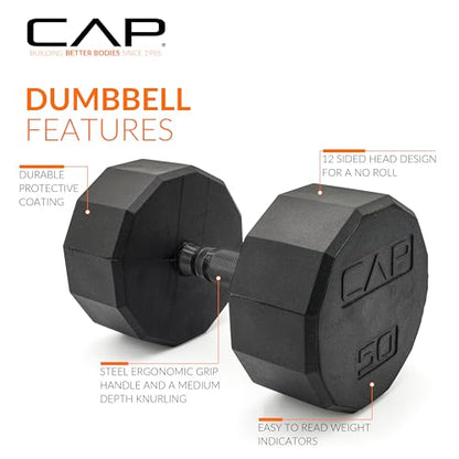 CAP Rubber Coated Dumbbell Weights, Free Weights for Home Gym Strength Training, Anti-Roll Hex Dumbbells with Black, Chrome & Comfort Grip Handles, Pairs & Sets - size: 50 lb - Pair, style: 12-Sided - Black Handle