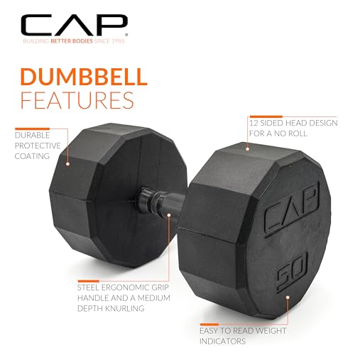 CAP Rubber Coated Dumbbell Weights, Free Weights for Home Gym Strength Training, Anti-Roll Hex Dumbbells with Black, Chrome & Comfort Grip Handles, Pairs & Sets - size: 50 lb - Pair, style: 12-Sided - Black Handle