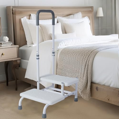 2 Step Stool with Handle for Elderly, Bed Steps for High Beds for Adults, Non Slip Platform and Adjustable Handrail, for Kitchen Bathroom RV Bathtub, Assist Rail for Elderly, Seniors, Hold up to350LBS - color: White