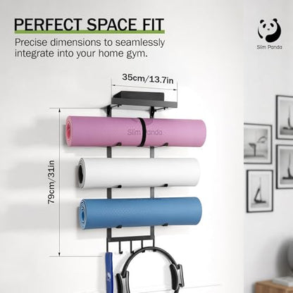 Yoga Mat Holder Wall Mount with Mesh Bag, 4-Tier Metal Storage Rack with Floating Shelf & 5 Hooks, Large Home Gym Organizer for Foam Rollers, Resistance Bands & Yoga Accessories