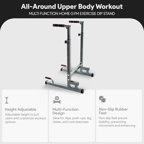 BalanceFrom Steel Frame Dip Station with Adjustable Height, 500 Pound Weight Capacity – Upper Body Workout Home Gym Equipment for Triceps, Push & Pull Ups, Leg Raises, and Bench Press - color: Gray