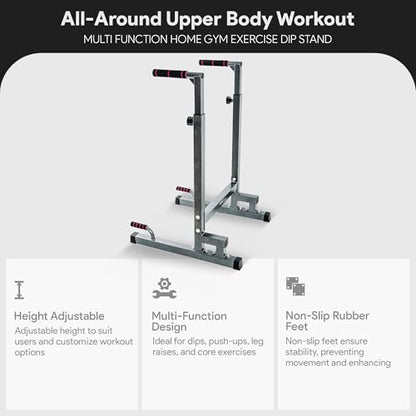 BalanceFrom Steel Frame Dip Station with Adjustable Height, 500 Pound Weight Capacity – Upper Body Workout Home Gym Equipment for Triceps, Push & Pull Ups, Leg Raises, and Bench Press - color: Gray