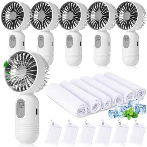 Tujoe 6 Sets Mini Portable Fan Cooling Towel Small Personal Handheld Fan Rechargeable 35"x 12" Ice Towel Chilly for Yoga, Sport, Gym, Workout, Camping, Fitness, Running Summer Gift (White)