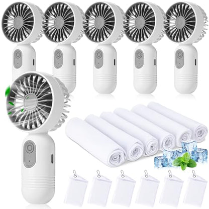 Tujoe 6 Sets Mini Portable Fan Cooling Towel Small Personal Handheld Fan Rechargeable 35"x 12" Ice Towel Chilly for Yoga, Sport, Gym, Workout, Camping, Fitness, Running Summer Gift (White)