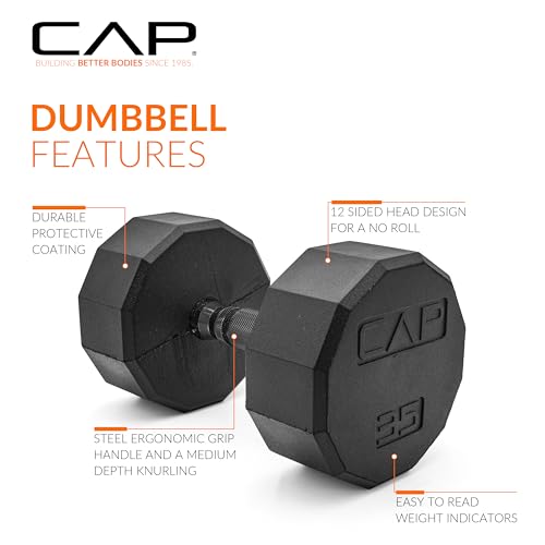 CAP Rubber Coated Dumbbell Weights, Free Weights for Home Gym Strength Training, Anti-Roll Hex Dumbbells with Black, Chrome & Comfort Grip Handles, Pairs & Sets - size: 35 lb - Pair, style: 12-Sided - Black Handle