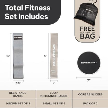 3-in-1 Exercise & Toning Kit – Non-Slip Fabric Booty Bands, Strength Resistance Bands & Core Sliders – Total Body Home Gym for Glutes, Legs & Abs – Portable Fitness Set with Carry Bag