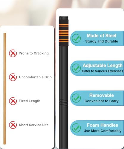 Queension 5ft Adjustable Yoga Stick Made of Sturdy Alloy Steel, Stretching & Mobility Stick with Non-Slip Foam-Sleeveds, Exercise Fitness Pole for Balance & Pilates