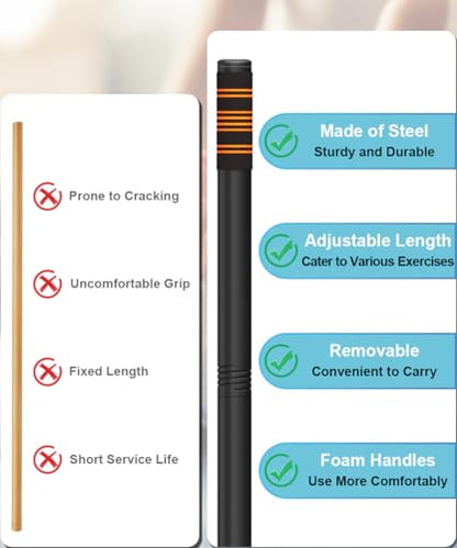 Queension 5ft Adjustable Yoga Stick Made of Sturdy Alloy Steel, Stretching & Mobility Stick with Non-Slip Foam-Sleeveds, Exercise Fitness Pole for Balance & Pilates