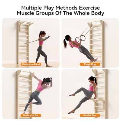 Swedish ladder wall gym adult & Pull Up Bar Gymnastics Bar – Ultimate Wall Bars for Exercise with Adjustable Dip Bar Attachment,Moves wall bars, Wood Stall Bars for Home, Calisthenics, Physical Therapy and Kids Training