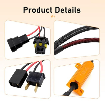 2 PCS LED Load Resistor Kit, 9005/9006 LED Light Bulb Decoder, Anti Flicker Wiring Harness, Universal for Most Cars, Trucks, SUVs (Black)