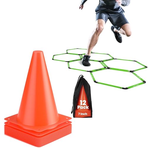 GHB Hex Agility Rings 1 Pack and 12 Pack 7 Inch Football Cones with 3 Carrying Bag
