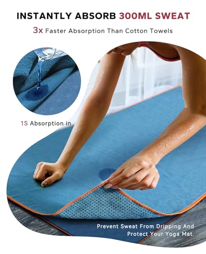 HAPBEAR Hot Yoga Towel with Non-Slip Grip Dots, 72" x 24" - Super Absorbent, Soft Microfiber Yoga Mat Towel for Bikram, Gym, Pilates - Blue