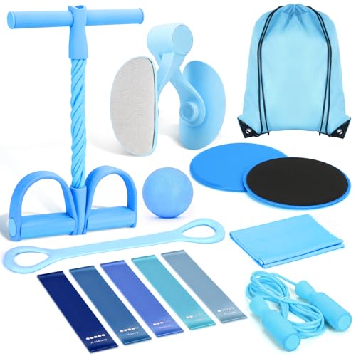 9-in-1 Home Workout Equipment for Women, Pedal Resistance Band with Handle, Thigh Master, Core Sliders & Exercise Bands with Workout Guide, Beginner Starter Kit for Ab Workout & Body Toning - color: Blue