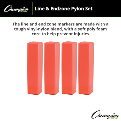 Champion Sports Football Field Pylon Set of 4 Hi Vis Orange 4"x18" Markers-Durable Vinyl/Nylon & Poly Foam Core-Weighted Base