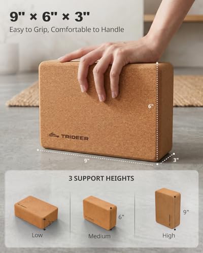 Trideer Cork Yoga Blocks, 2 Pack Yoga Blocks Natural Cork, High Density Yoga Block with Non Slip Surface, Eco-Friendly Yoga Accessories for Women, Ideal for Yoga, Pilates, Stretching