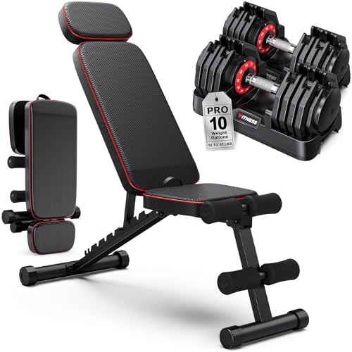 Adjustable Dumbbells Set of 2, 1 Hand Adjustable Weights Dumbbell Set and Workout Bench, 25/55/80lb Pair Weight Set For Home Gym Suit both Men and Women, Compact for Small Space Apartment Room - color: Pro-55lbs-10weights Dumbbells+Bench