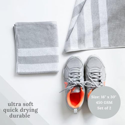 Luzia Striped Workout Towel for Sweat (Pack of 2) - Premium Quality 100% Turkish Cotton - Lightweight and Super Absorbent for Exercise, Sports, Workout, Fitness, Gym, Yoga, Running (Gray)