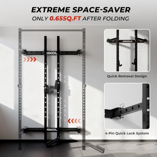 Mikolo 2" x 2" Folding Wall Mounted Squat Rack, 1000 Pounds Capacity Power Rack with Pull Up Bar, J Hooks and Other Attachments, Space-Saving Home Gym - color: Black, style: Squat Rack with Safety Catches