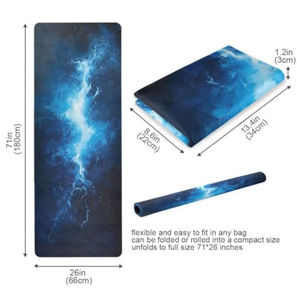 Kigai Travel Yoga Mat 71" x 24" Non Slip Natural Rubber Foldable Exercise Mat Ultra Thin 1.5mm Lightweight for Fitness, Pilates & Home Workout, Blue Lightning