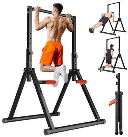Power Tower Pull Up Dip Station Foldable, Pull Up Bar Station Adjustable, Multi-Function Home Gym, Strength Training Fitness Equipment, Triangular Design, for Home Outdoor - color: Black