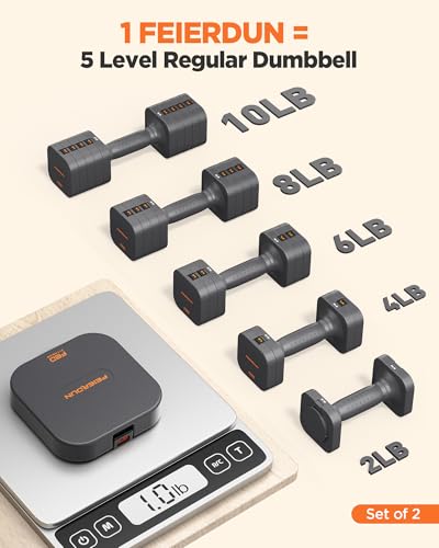 FEIERDUN DB3 5-in-1 Adjustable Dumbbell Set, 6LB/10LB Pair Adjustable Weights for Women at Home, Dual Locking Stable Hand Weights with TPU Soft Handle, Home Gym, Rehab, Pilates, Yoga, Strength Training