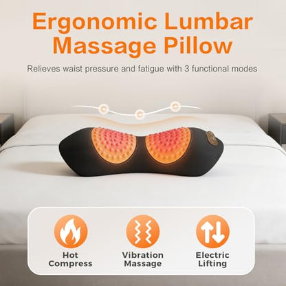 3-in-1 Electric Back Massager Pillow with Heat, Vibration and Traction, Triple Fusion Lumbar Support Massager for Bed or Chair, Designed for Daily Back Relaxation and Spine Support