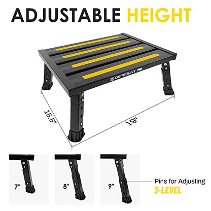 Adjustable Height Aluminum RV Step, Stable Foldable Platform Step Stool, Supports Up to 1,000 lb, Non-Slip Rubber Feet and Platform Mat, Easy to Carry (Black)