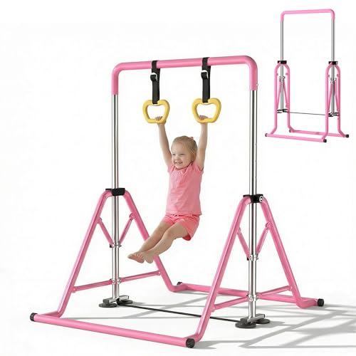 Expandable Kids Gymnastics Kip Bar - Upgraded Dual Base, Folding Adjustable Height 44''-60'', 350LBS Weight Limit, Anti-Slip Suction Feet, Home Training Bar for Kids Ages 3-13 (Pink)