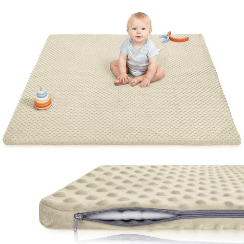 Huloo Sleep Baby Play Mat for Floor, Extra Thick 50x50 Inches Padded Mat with Ultra Soft 3D Minky Dot & Removable Washable Cover, Tummy Time Rug, Crawling Surface for Infant Toddler Kids (Beige) - color: Beige, size: 50"×50"×1.3"