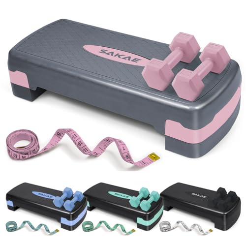 Aerobic Stepper Set with Dumbbells & Measuring Tape, Adjustable Height 2 Level Risers Workout Exercise Step Platform, 4 Colors, the Ultimate Gift for a Joyful Holiday and Merry Christmas - color: Pink Grey