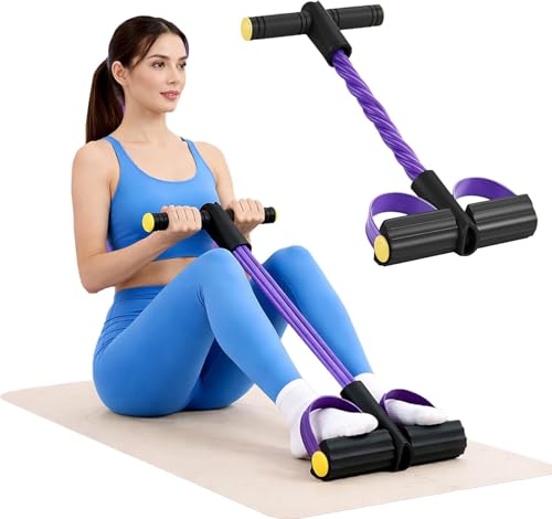 Pedal Resistance Band for Sit-Up & Stretching 4-Tube Foot Pedal Pull Rope for Abs, Waist and Arm Workout Purple Elastic Yoga Fitness Equipment for Home Gym Full Body Toning
