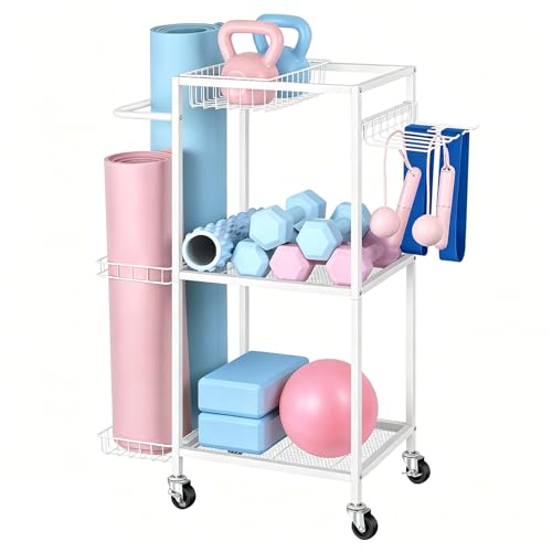 Workout Equipment Storage Rack Metal Yoga Mat Storage Rack, Weight Cart Home Gym Storage Rack with Wheels for Dumbbells, Yoga Mats, Kettlebells, Foam Rollers