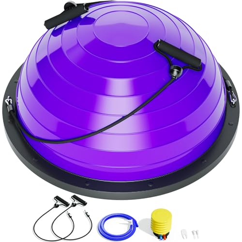 Half Balance Ball Trainer - 23 Inch Half Exercise Ball for Workout, Physical Therapy, Yoga, Home Gym, Core Strength, Stability, Fitness, Balance Training Equipment with Resistance Bands, Foot Pump - color: purple, size: X-Large