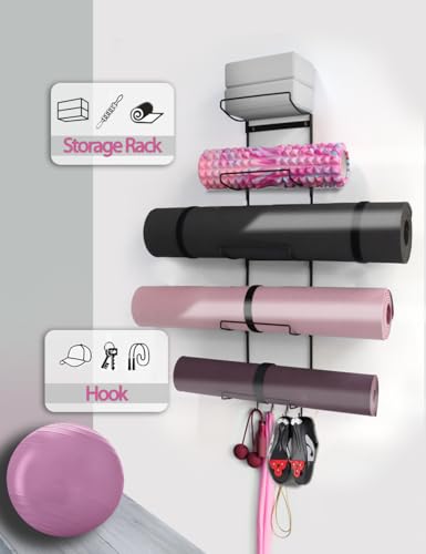 5-Tiers Yoga Mat Holder Wall Mount, Metal Storage Rack for Mats/Wheels, Foam Roller and Block, Wall Rack with 3-Hooks for Hanging Stretching Strap, Resistance Bands, Yoga Accessories