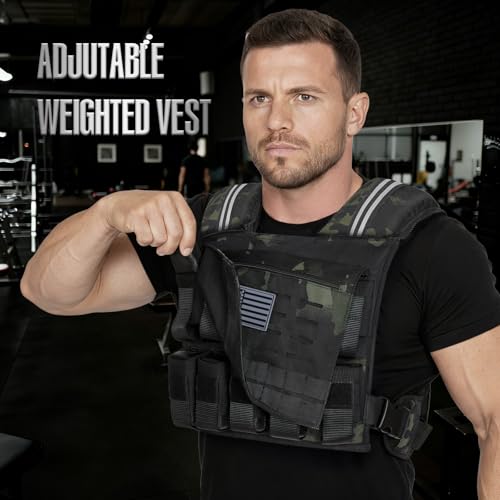 KRYLIX Adjustable Weighted Vest 0-40 lbs with Front Storage Pocket Solid Removable Iron for Muscle Building Workout Secure Waist Fit for Men Man Camo Tactical Military