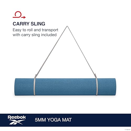 Reebok 5mm Solid Yoga Mat 68" x 24" Non-Slip, Lightweight, Foldable, and Durable Exercise Mat with Carry Strap for Home Workout, Yoga, Pilates, Fitness, and Outdoor Training