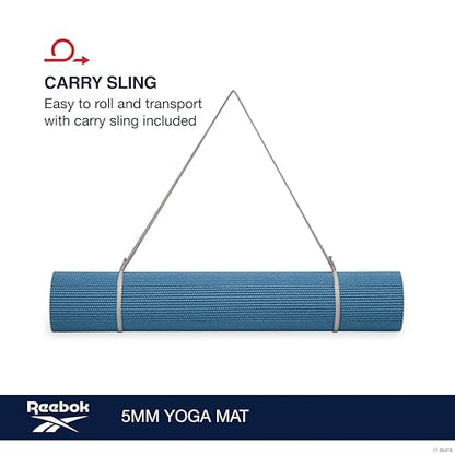Reebok 5mm Solid Yoga Mat 68" x 24" Non-Slip, Lightweight, Foldable, and Durable Exercise Mat with Carry Strap for Home Workout, Yoga, Pilates, Fitness, and Outdoor Training