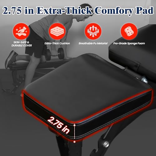 Adjustable Weight Bench, Adjustable Flat Incline Decline Home Gym Bench, Heavy-Duty 12-Gauge Steel Frame with Leg Extension and Preacher Pad for Small Space Apartment Room