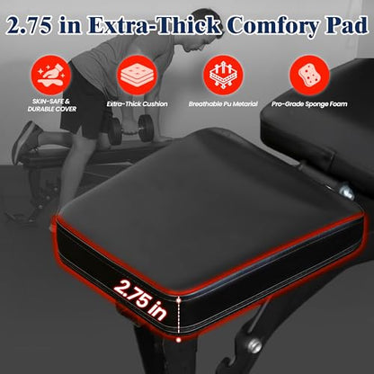 Adjustable Weight Bench, Adjustable Flat Incline Decline Home Gym Bench, Heavy-Duty 12-Gauge Steel Frame with Leg Extension and Preacher Pad for Small Space Apartment Room