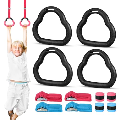 LIOOBO Gymnastics Rings Set with Adjustable 1m Straps, Blue and Red Pull up Rings for Indoor Strength Training, Gymnastics Equipment for Grip and Arm Workout
