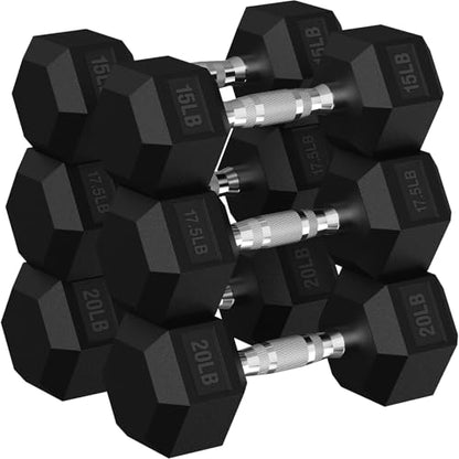 HANDBODE Rubber Coated Hex Dumbbell Set, 90-640 lb - size: 105 lb Set (Pair of 15, 17.5, 20 lb)