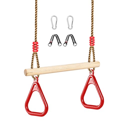 LadyRosian Wooden Trapeze Swing Bar, Adjustable Height Swing Set, Gym Rings, Playground Attachments, 16.5" Monkey Bar for Backyard, Playground, Playroom (Red) - color: Red